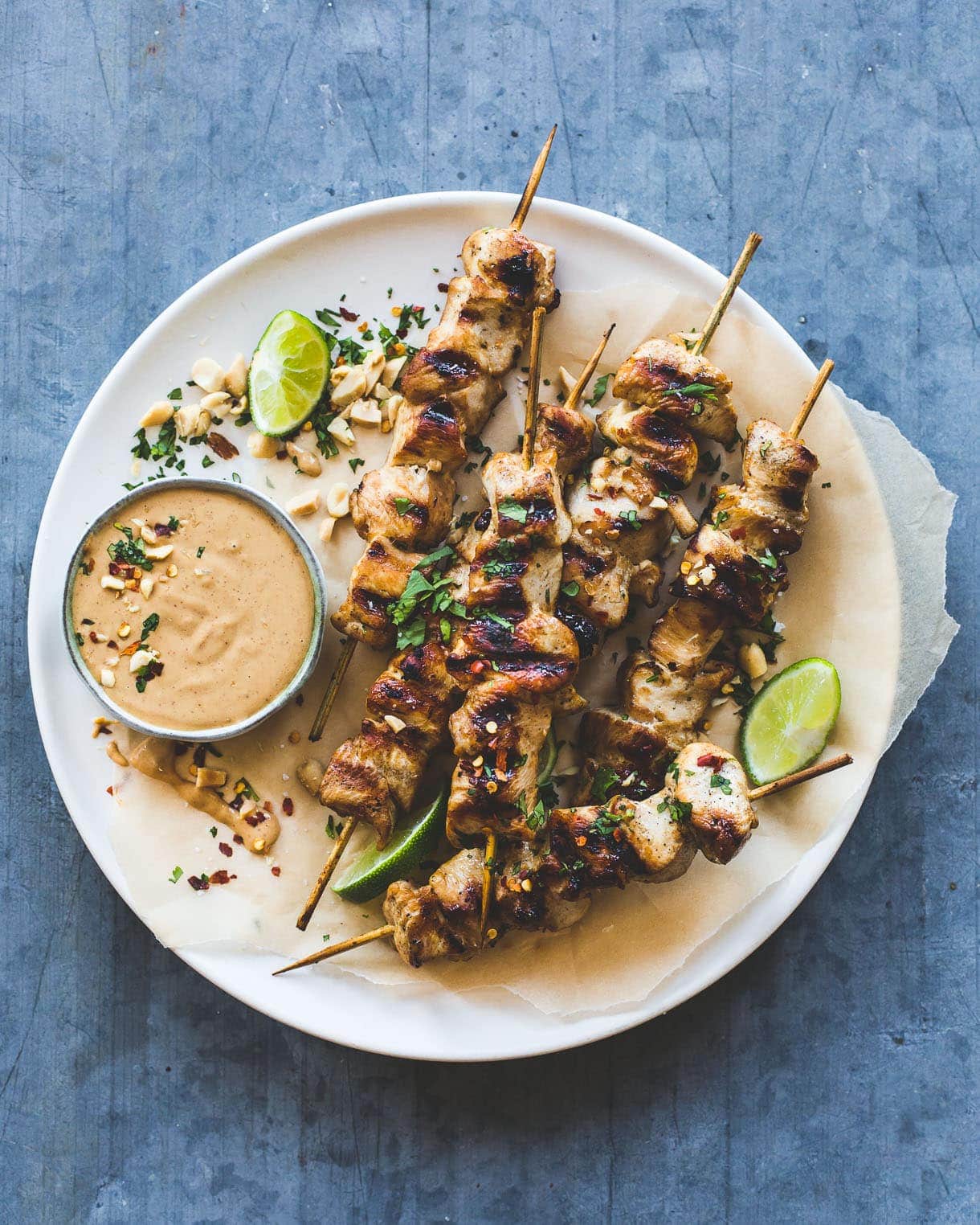 Thai Chicken Skewers with Peanut Sauce {grilled indoors}