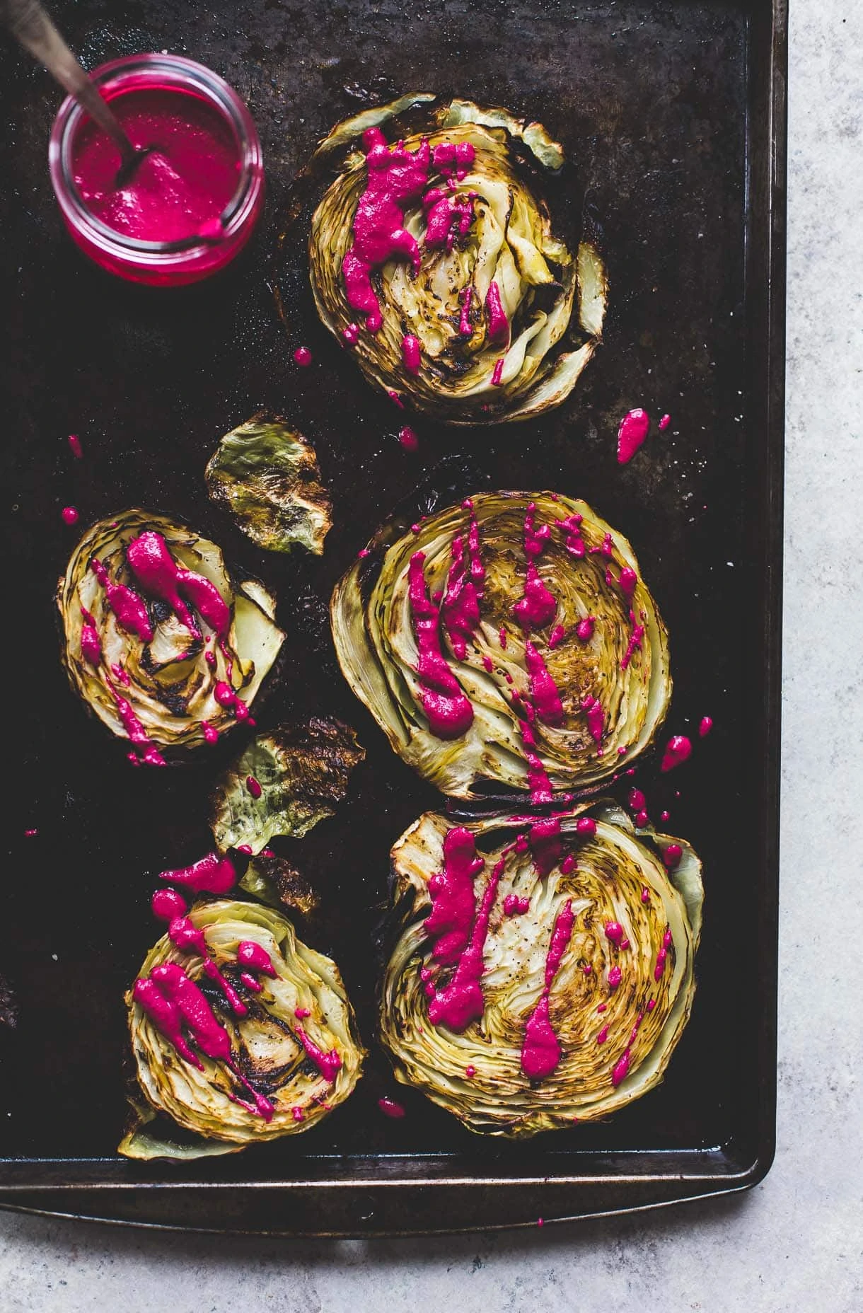 Roasted Cabbage Steaks with Garlicky Beet Sauce {vegetarian}