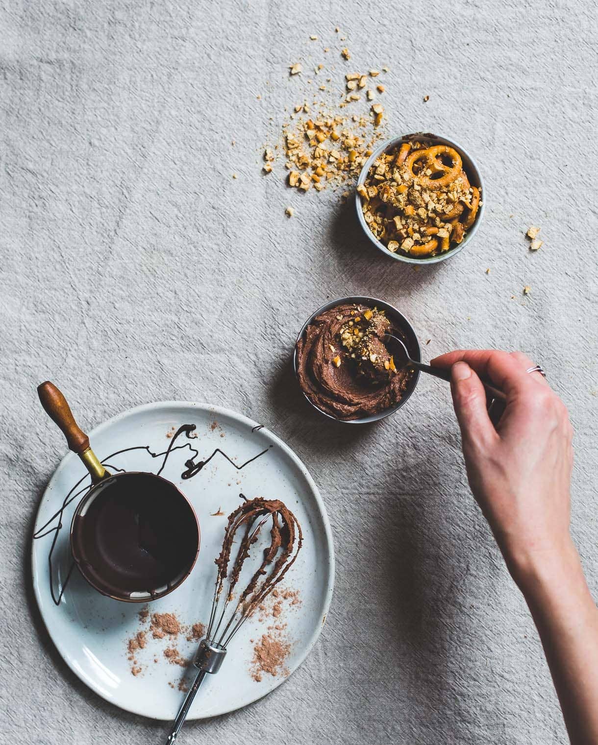 No-Bake Dark Chocolate Cheesecake Pots with Salty Pretzel Crunch