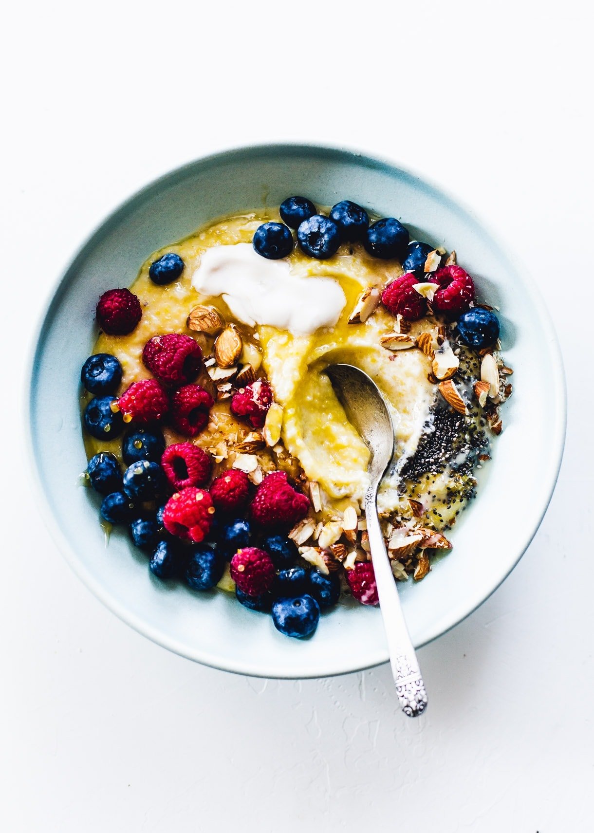 Creamy Polenta Porridge with Berries and Honey {gluten-free, breakfast polenta recipe, berry porridge}