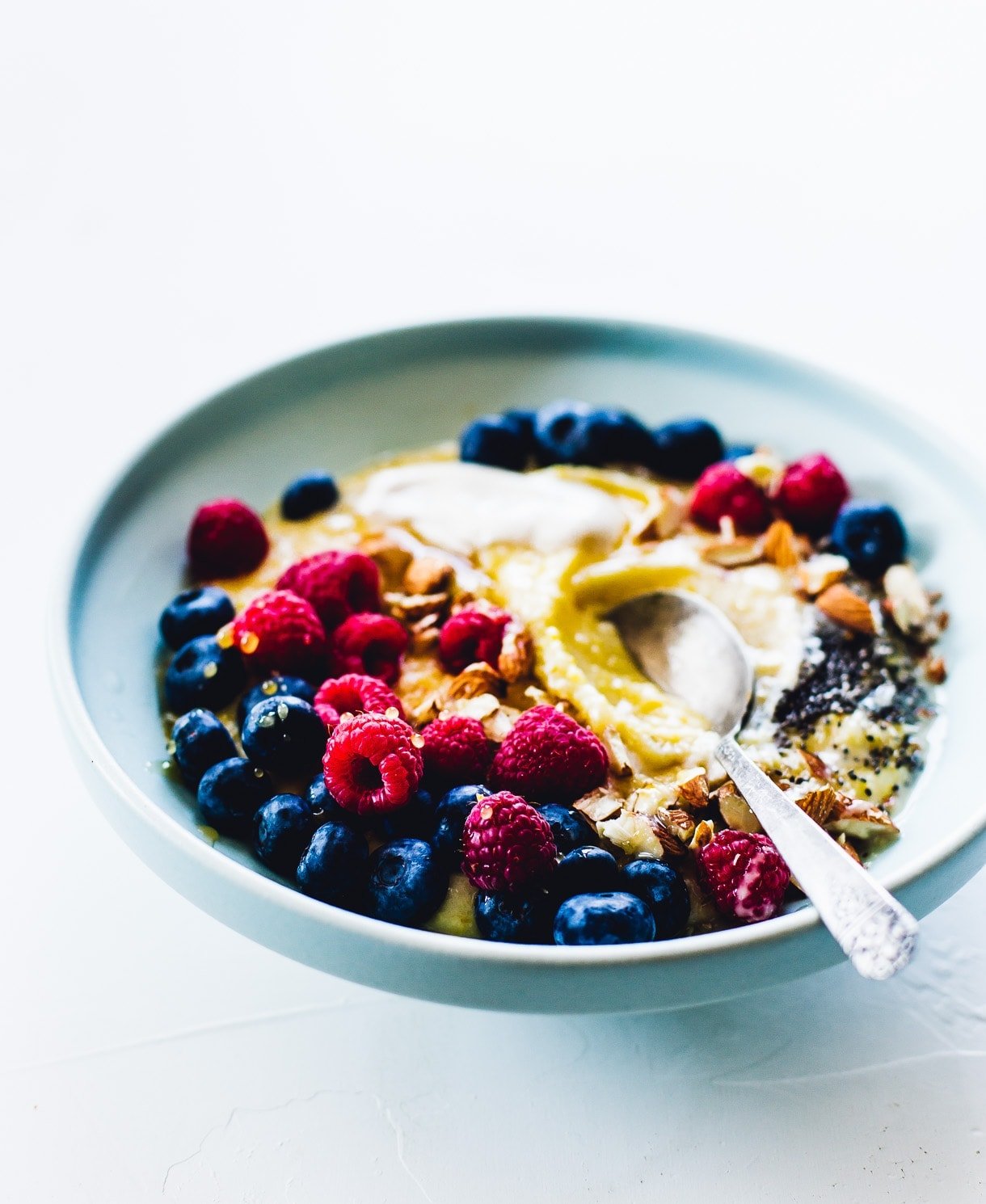 Creamy Polenta Porridge with Berries and Honey {gluten-free, breakfast polenta recipe, berry porridge}