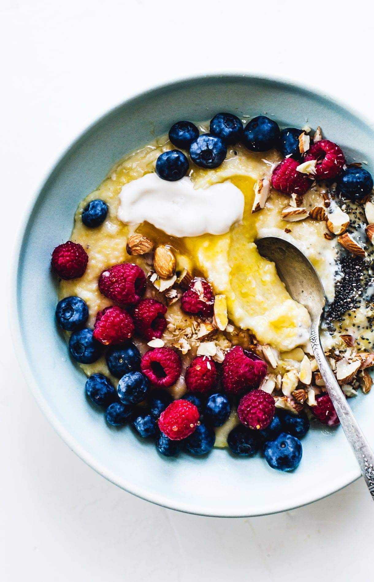 Creamy Cornmeal Porridge with Berries and Honey {gluten-free, breakfast polenta recipe}