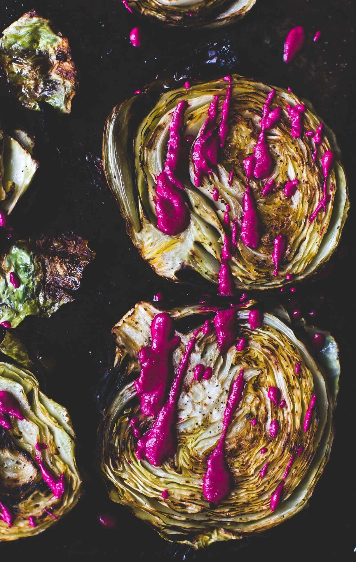 Roasted Cabbage Steaks with Garlicky Beet Sauce / roasted cabbage wedges / vegetarian recipe
