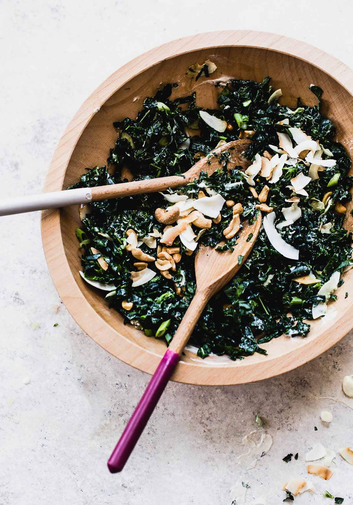 Coconut Cashew Vegan Kale Salad {massaged kale meets toasted coconut flakes & salty cashews}