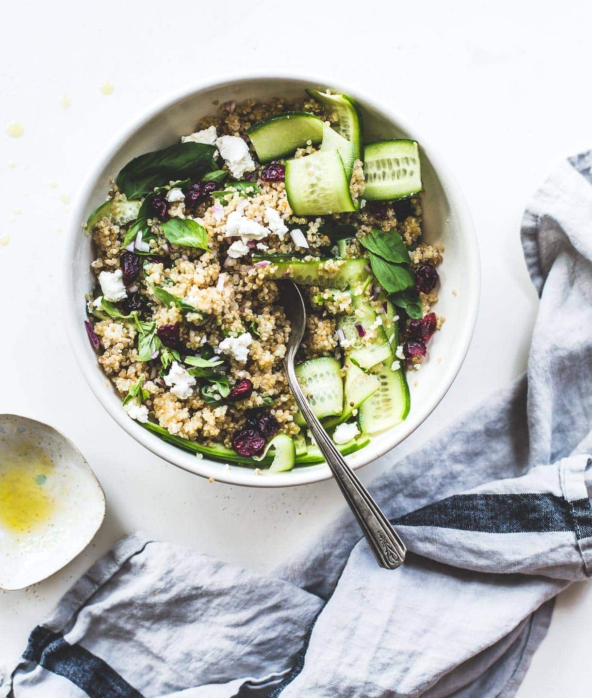 Basil Cucumber Quinoa Picnic Salad {with a light, lemony dressing, dried cherries, and goat cheese}