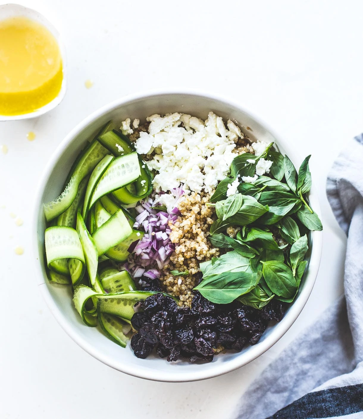 Basil Cucumber Quinoa Picnic Salad {with a light, lemony dressing, dried cherries, and goat cheese}