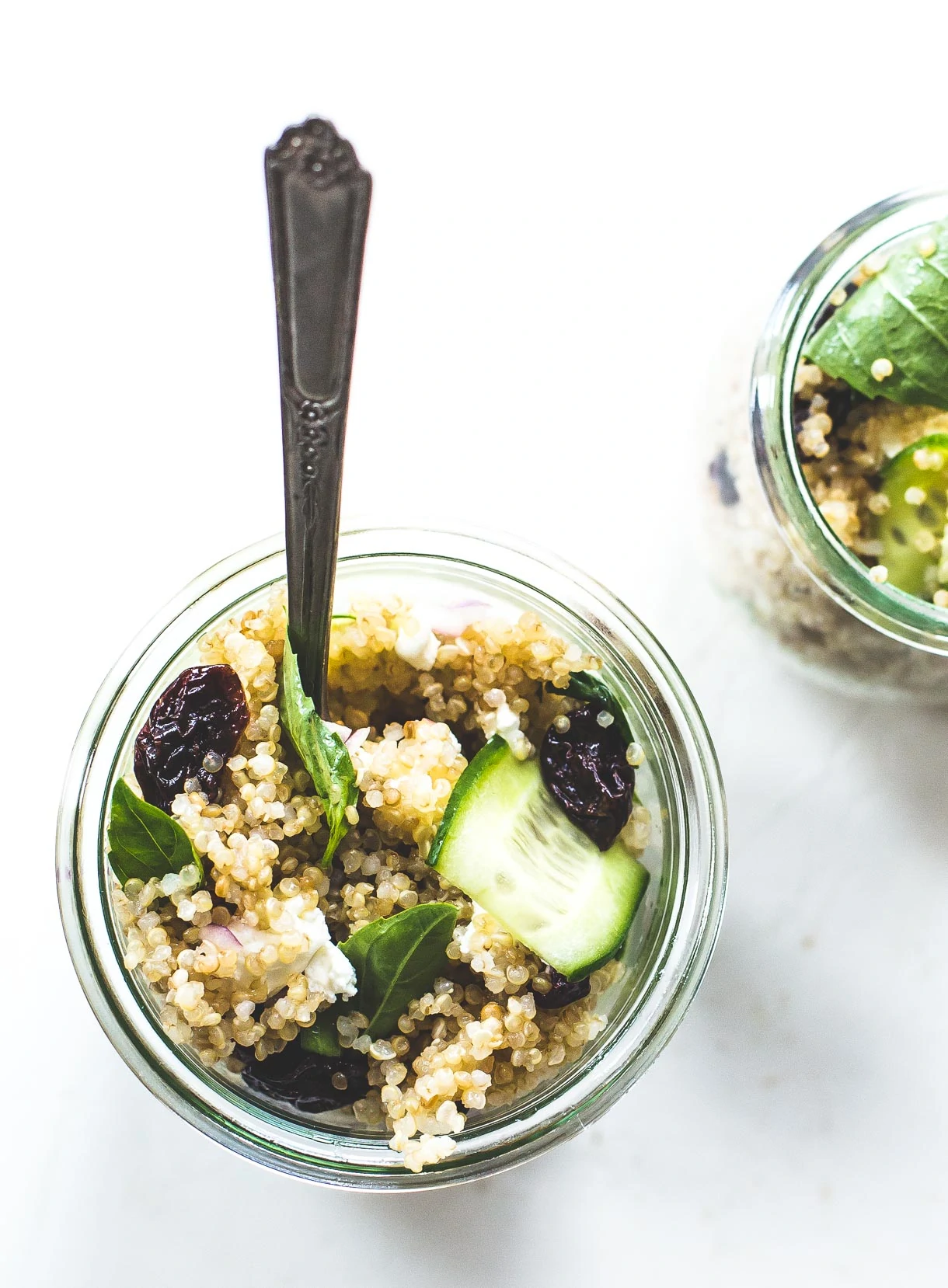 Basil Cucumber Quinoa Picnic Salad Jars {with a light, lemony dressing, dried cherries, and goat cheese}