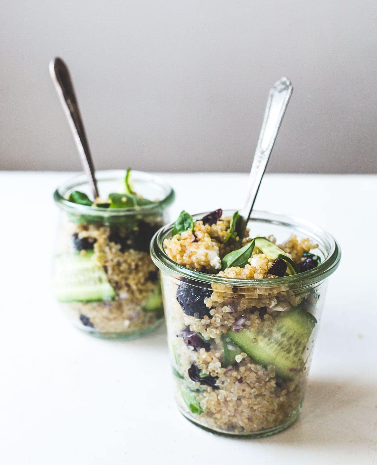 Basil Cucumber Quinoa Picnic Salad Jars {with a light, lemony dressing, dried cherries, and goat cheese}