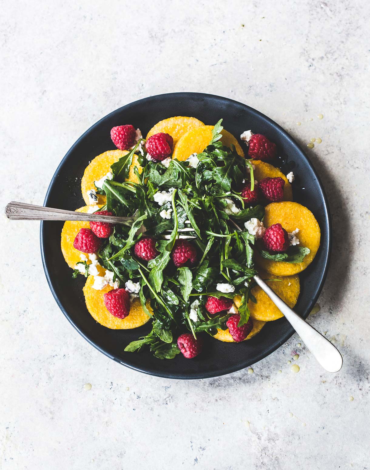 Raspberry Arugula Polenta Salad {gluten-free, vegetarian}