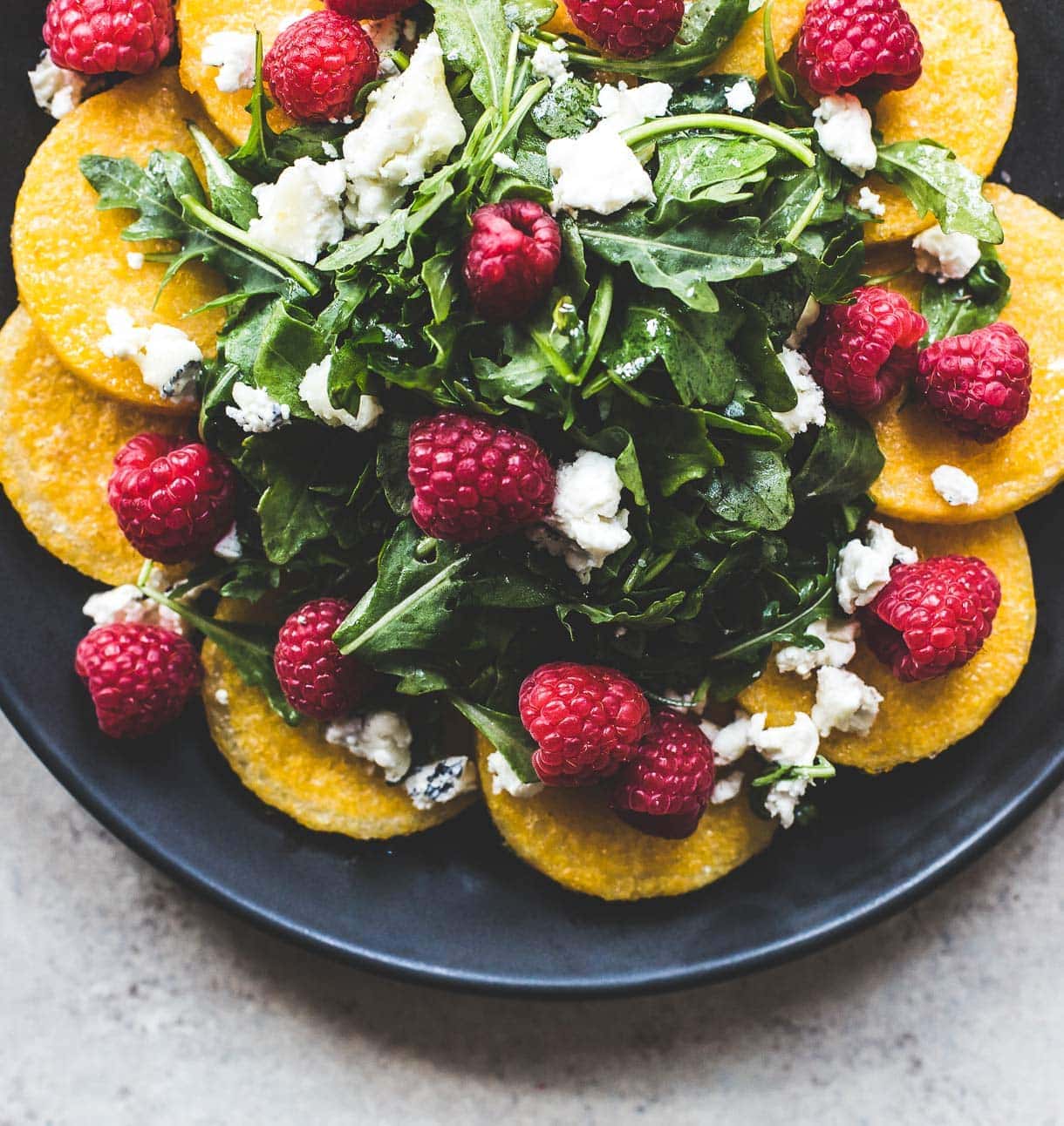 Raspberry Arugula Polenta Salad {gluten-free, vegetarian recipe}