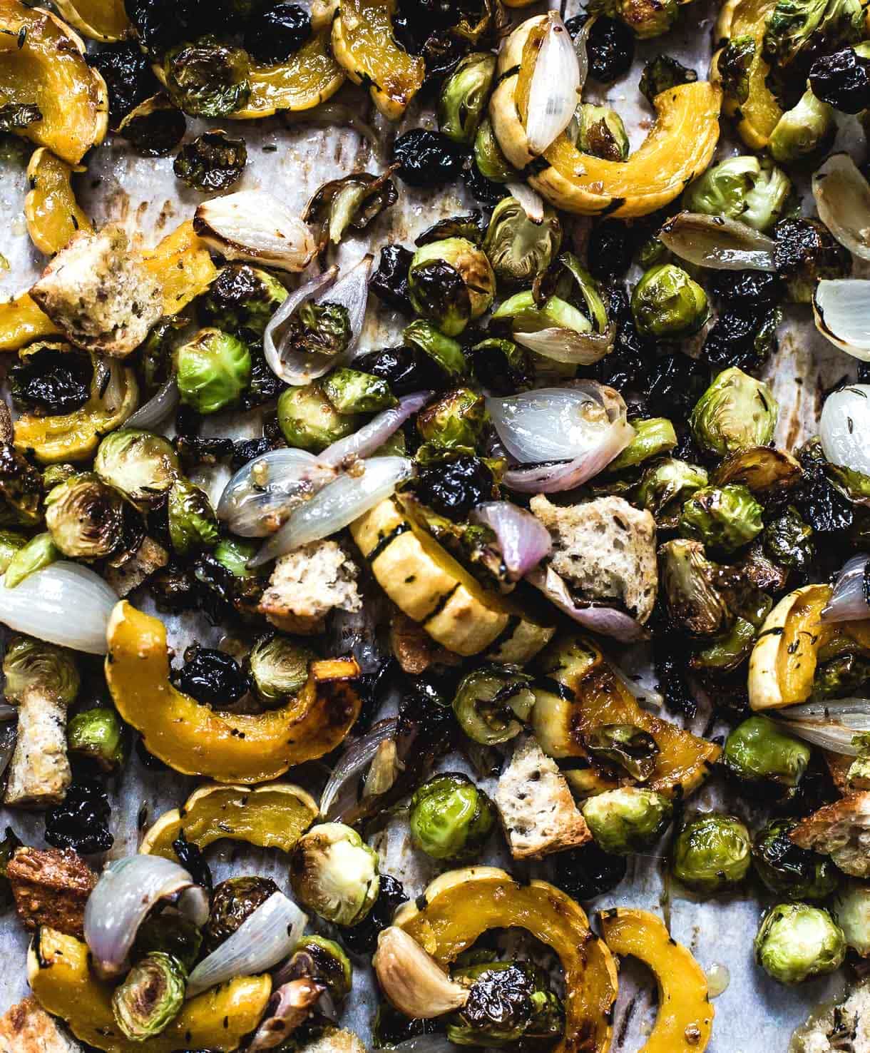 Vegetarian Sheet Pan Stuffing with squash, brussels sprouts, and shallots