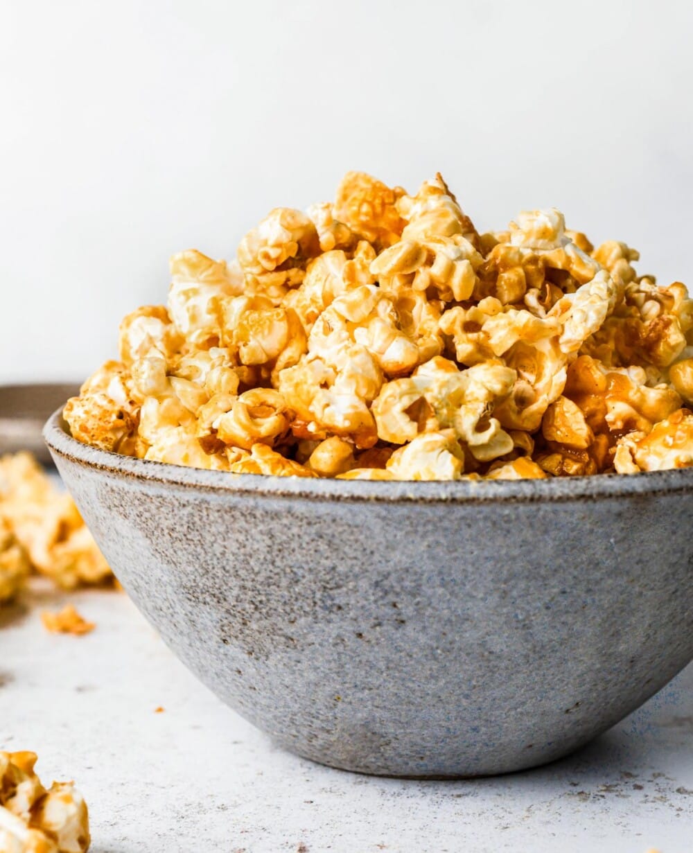 maple caramel corn in a ceramic bowl