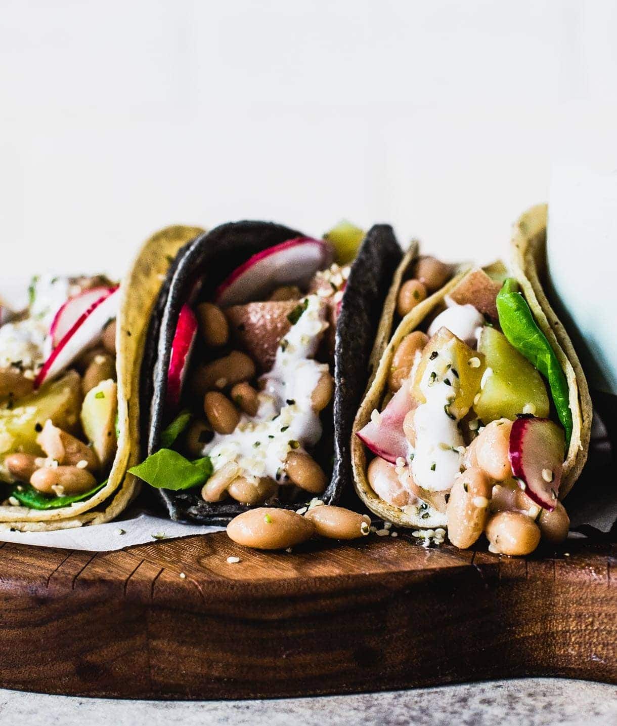 Vegetarian Spring Tacos with White Beans and Potatoes, Garlic Yogurt Sauce