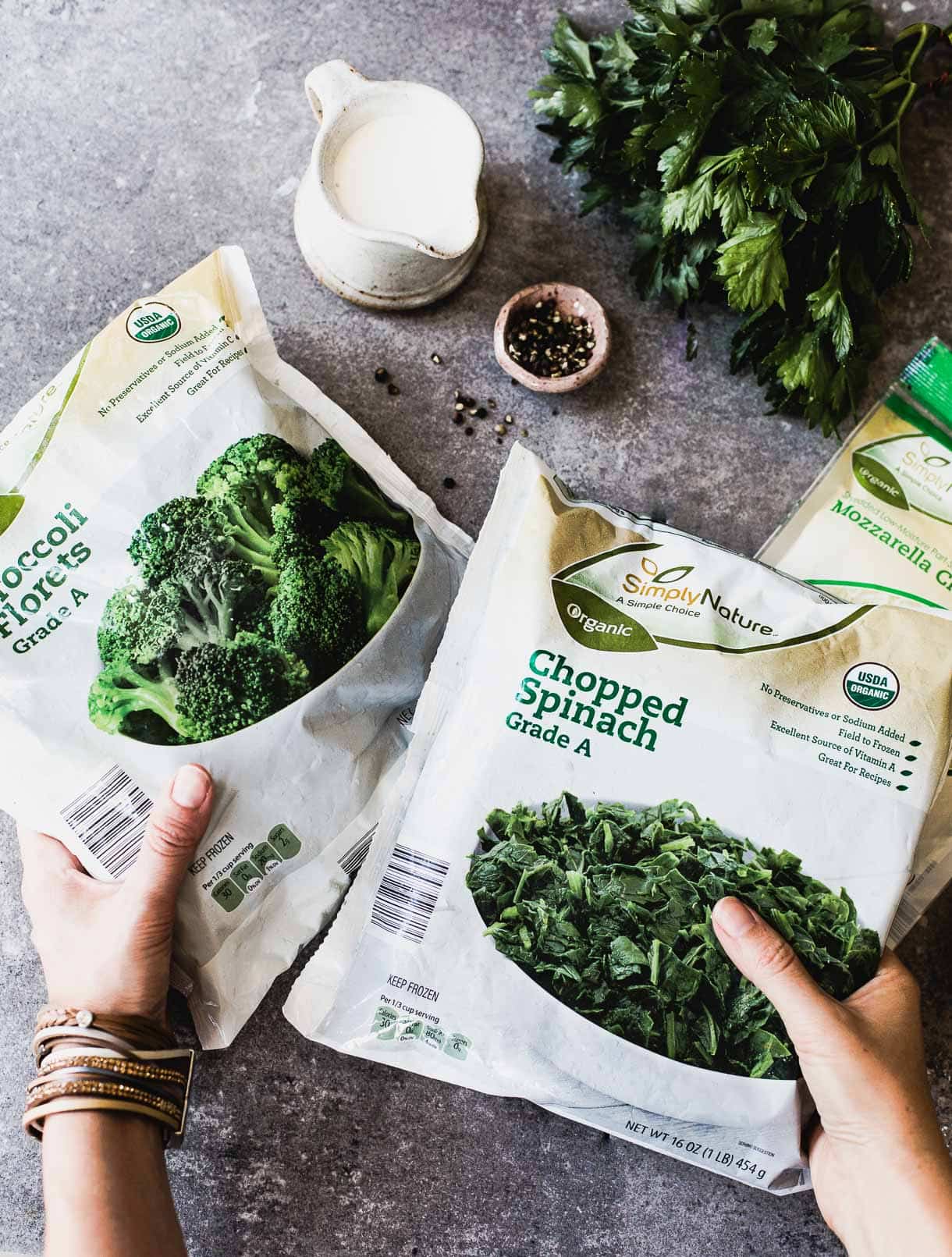 bags of aldi frozen organic broccoli and chopped spinach