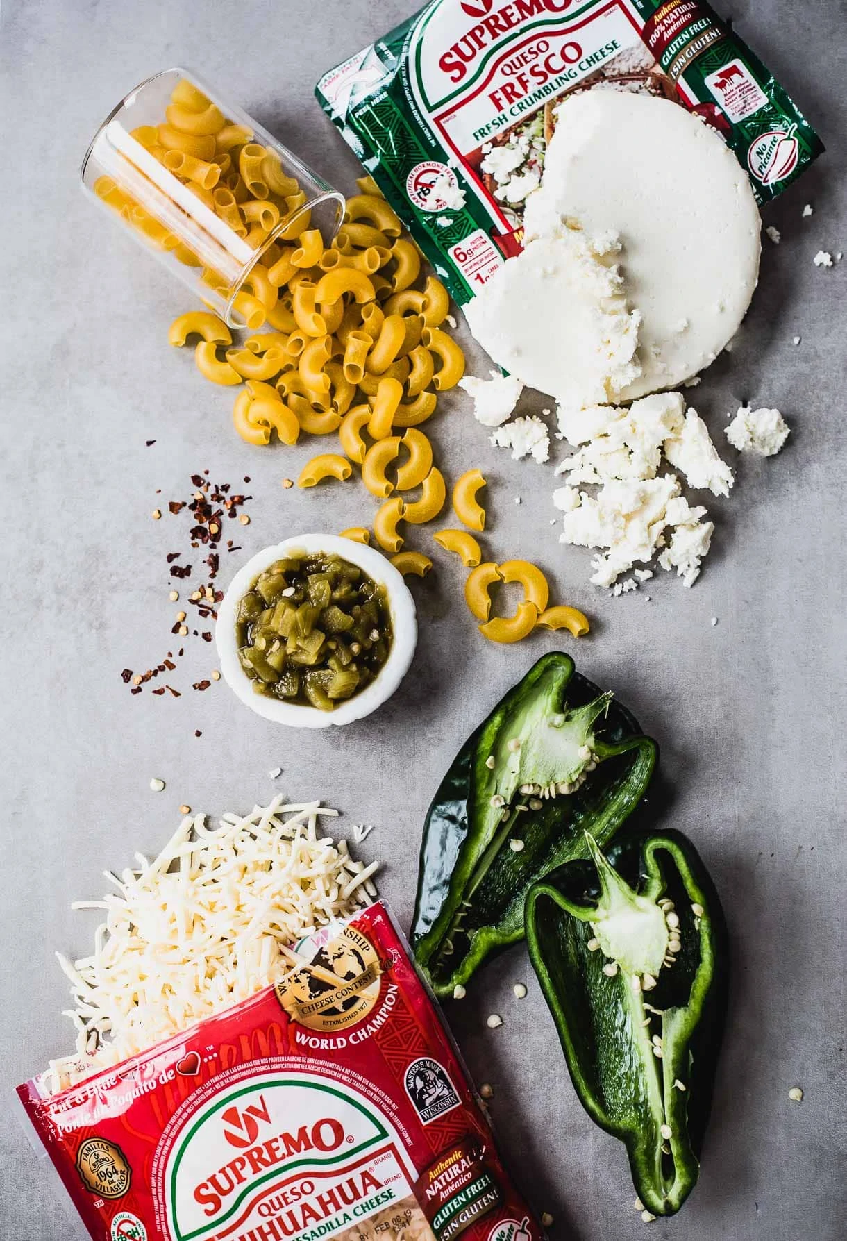 Chile Mac and Cheese ingredients, #polanopeppers #quesofresco