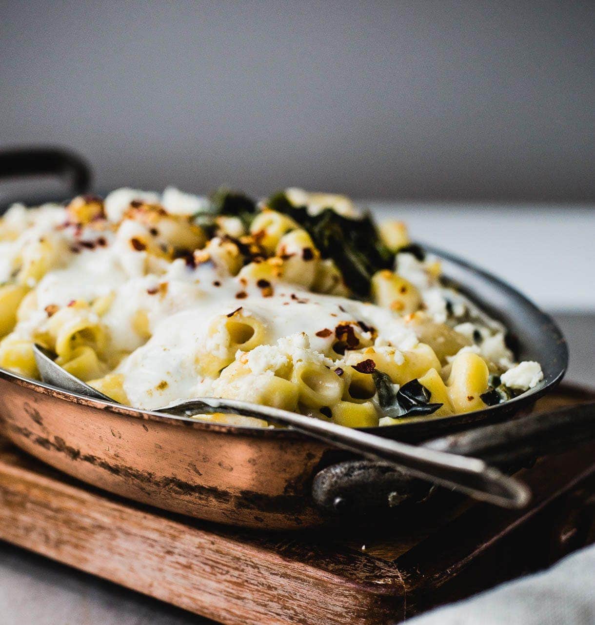 Chile Relleno Mac and Cheese in a copper pan