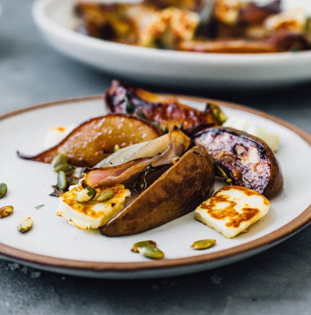 Savory Roasted Pears & Red Onions with Halloumi Cheese
