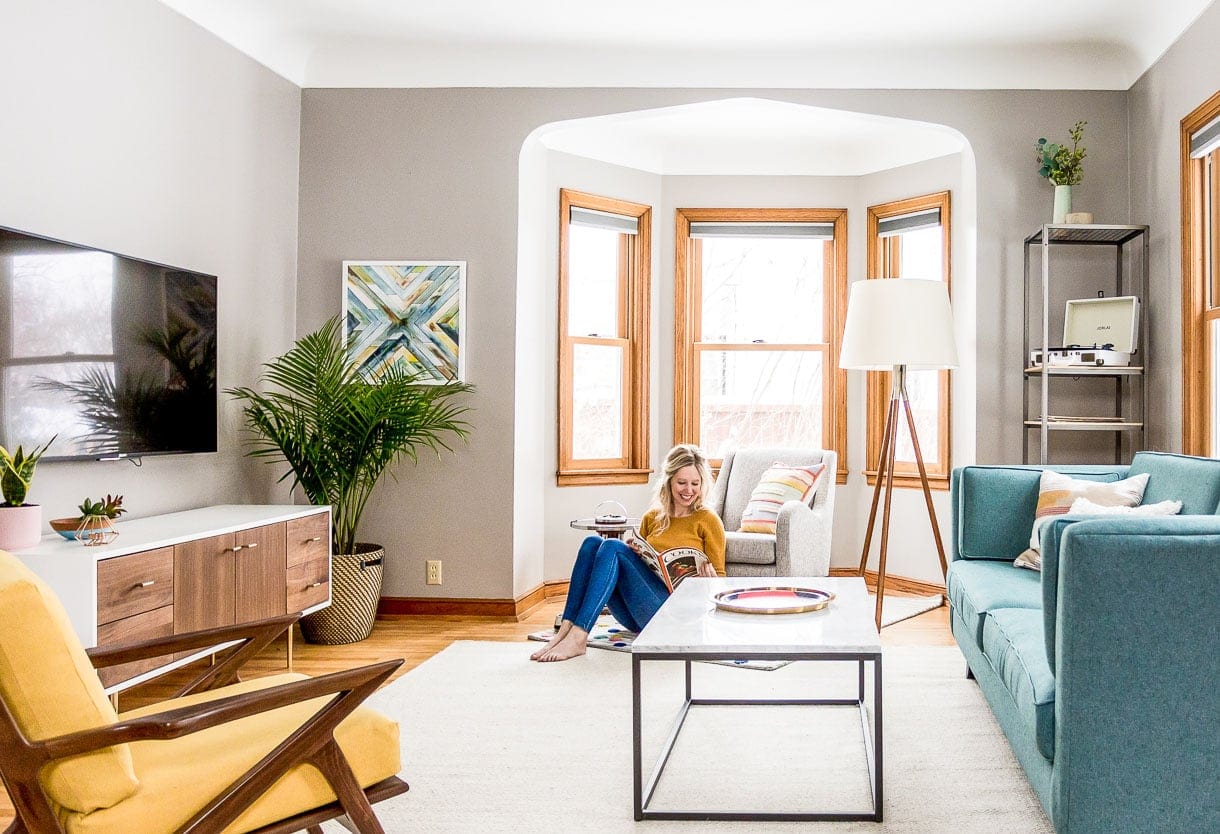 grey mid century living room