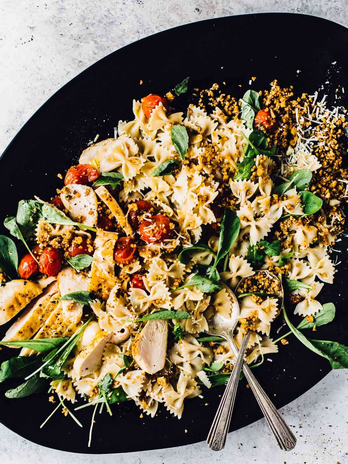 Bruschetta Chicken Pasta Salad with Walnut Crumble