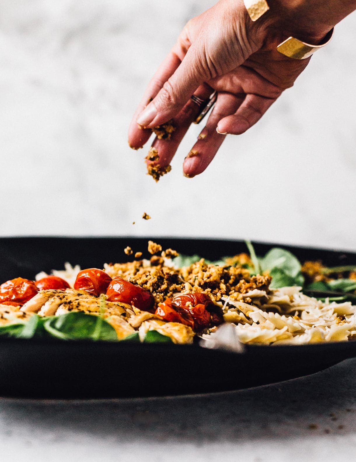 Bruschetta Chicken Pasta Salad With Walnut Parmesan Crumble