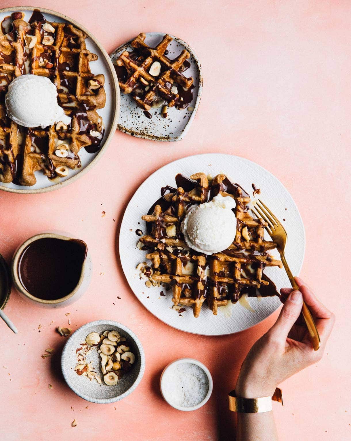 Waffle Ice Cream Sundae with Tahini Hot Fudge