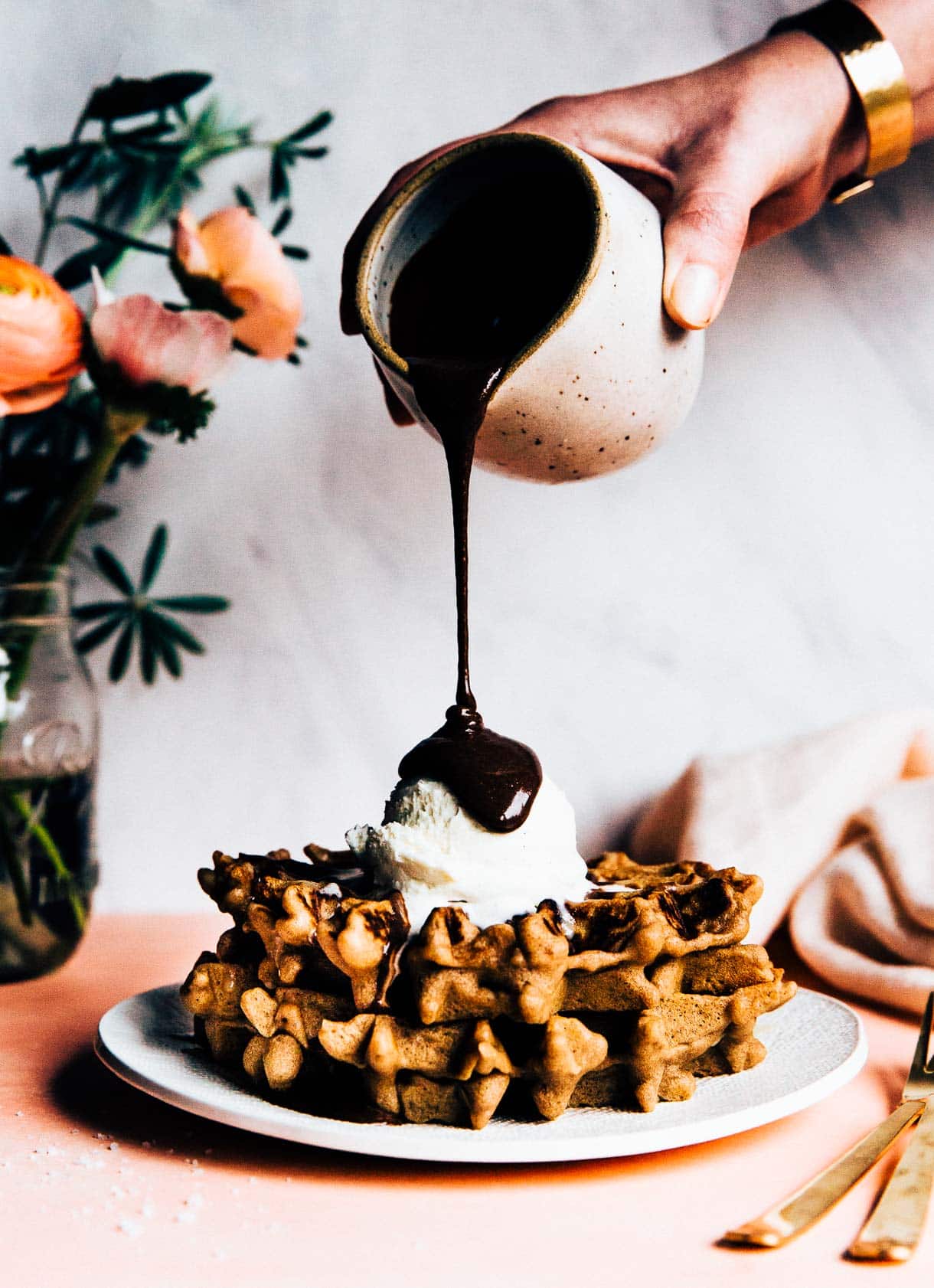 Fluffy Waffle Recipe -- gluten free waffle recipe, hot fudge photo