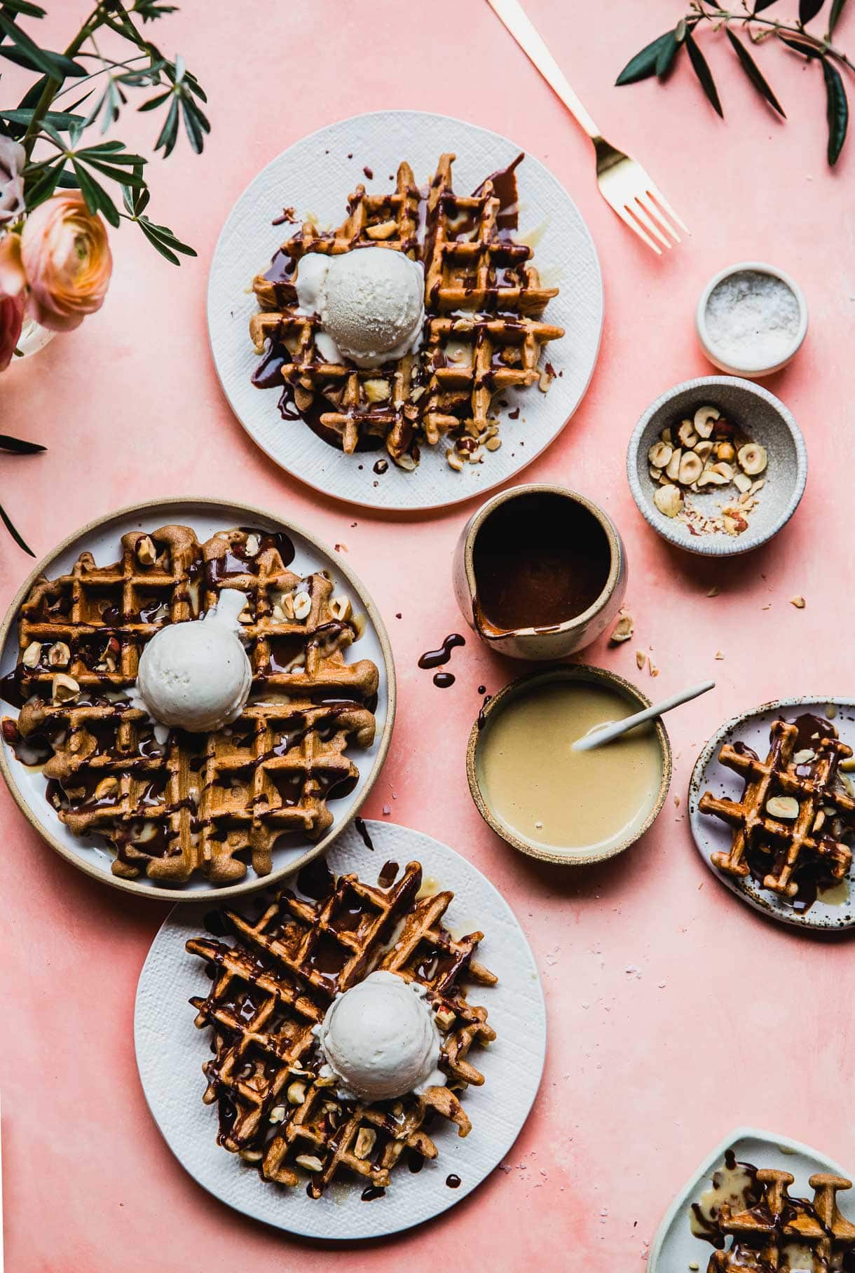 Gluten-Free Waffles with Tahini Chocolate Sauce and Ice Cream