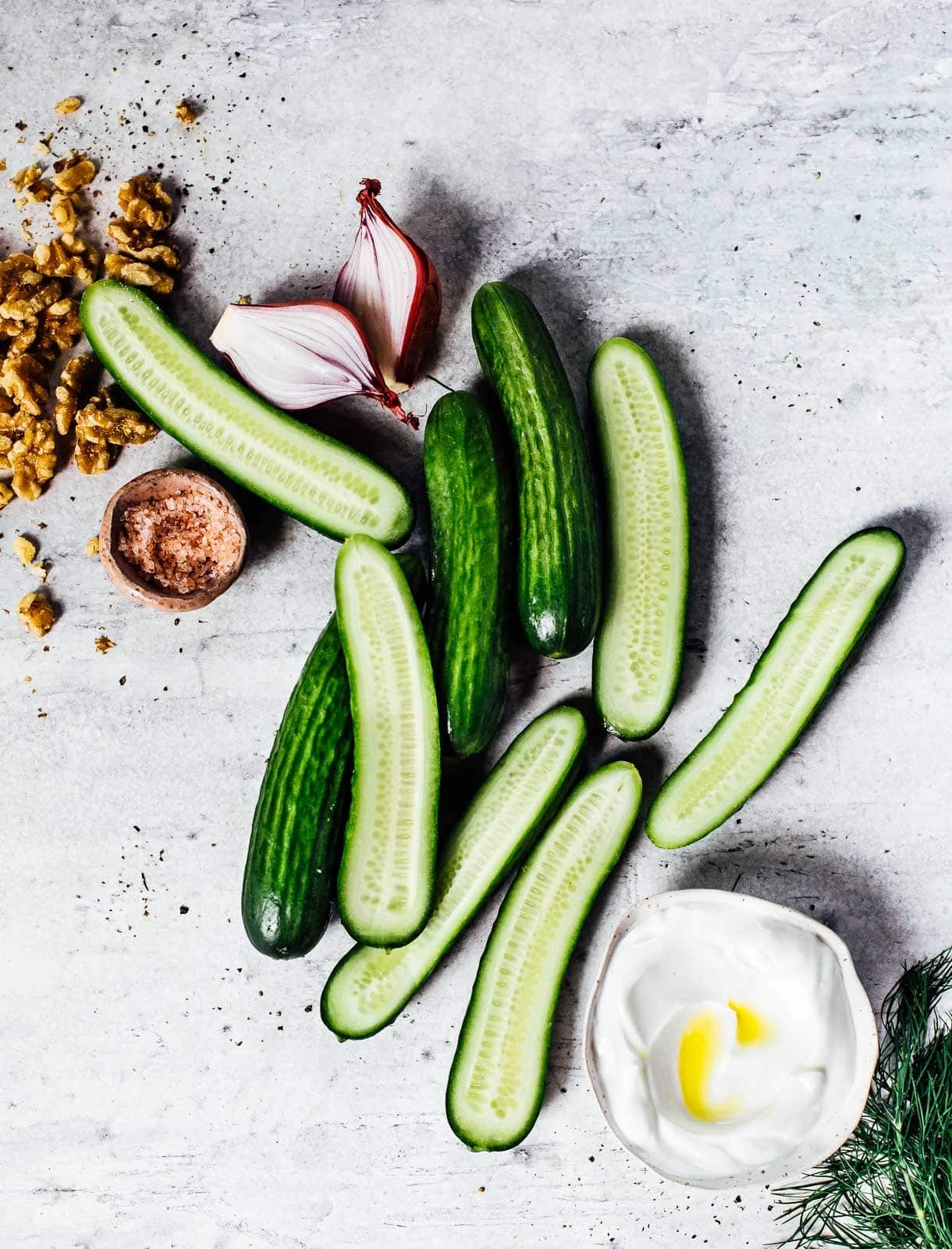 Smashed Cucumber Salad Ingredients, with toasted walnuts and greek yogurt