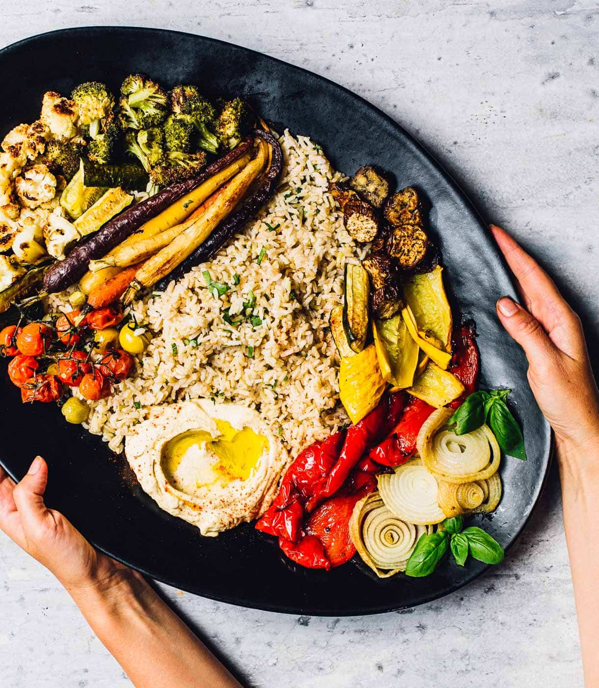 Hummus Platter with Roasted Vegetables and Rice