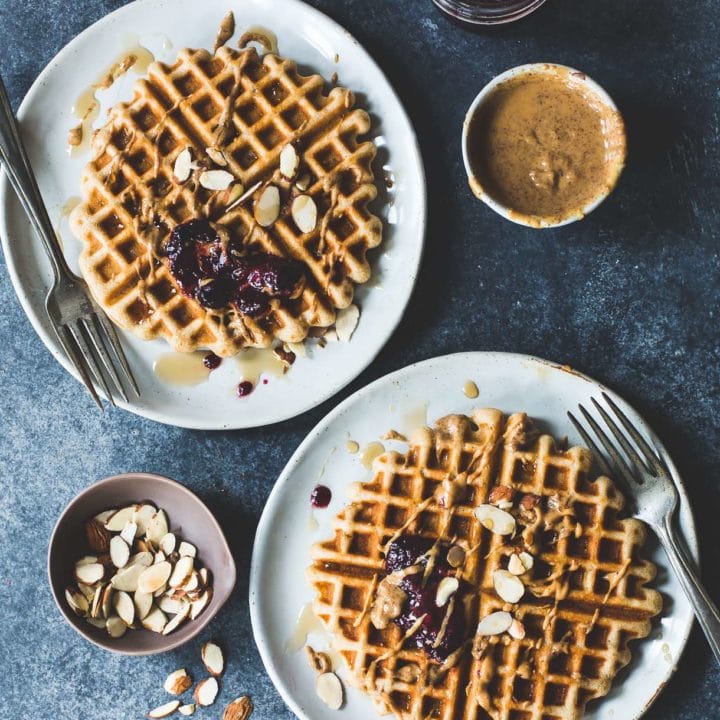 Brown Rice Flour Waffles with Almond Butter and Jam