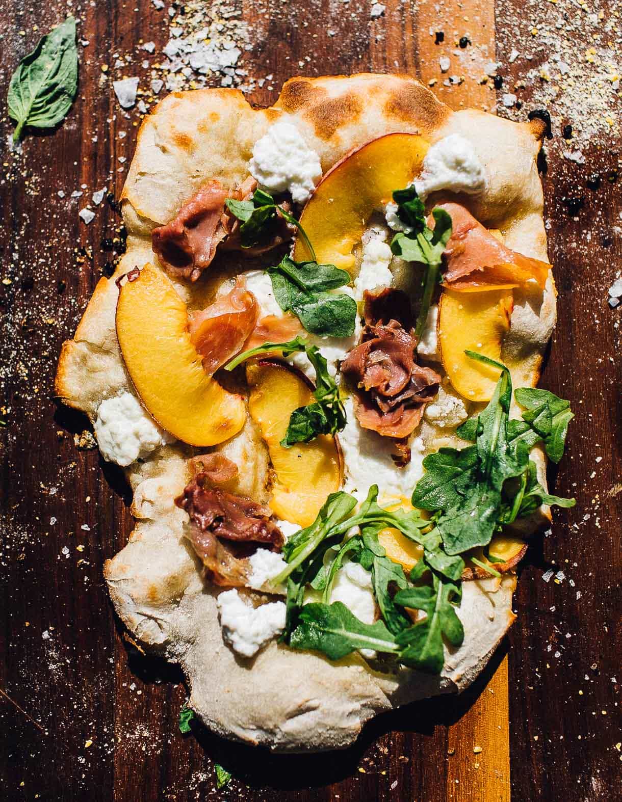 Peach, Prosciutto, and Arugula Pizza