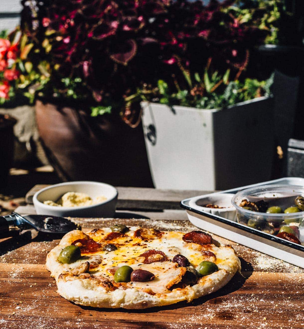 Pepperoni Sourdough Pizza with olives