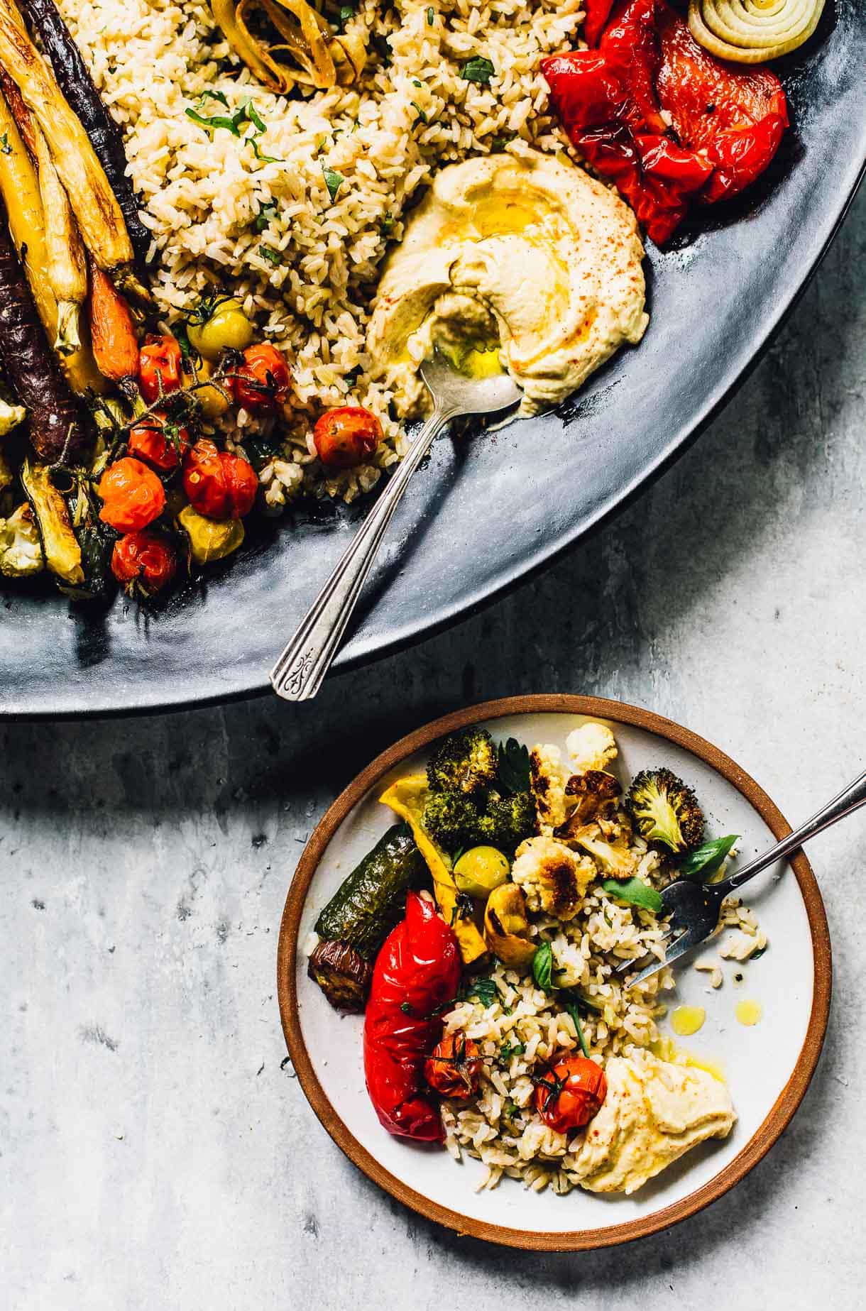 Hummus Platter with Roasted Vegetables and Rice