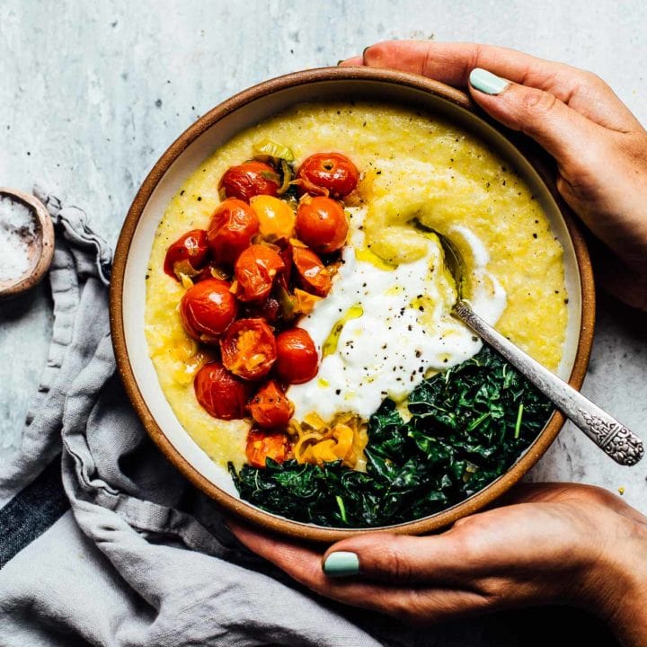 Soft Polenta with Blistered Tomatoes, Kale, and Yogurt