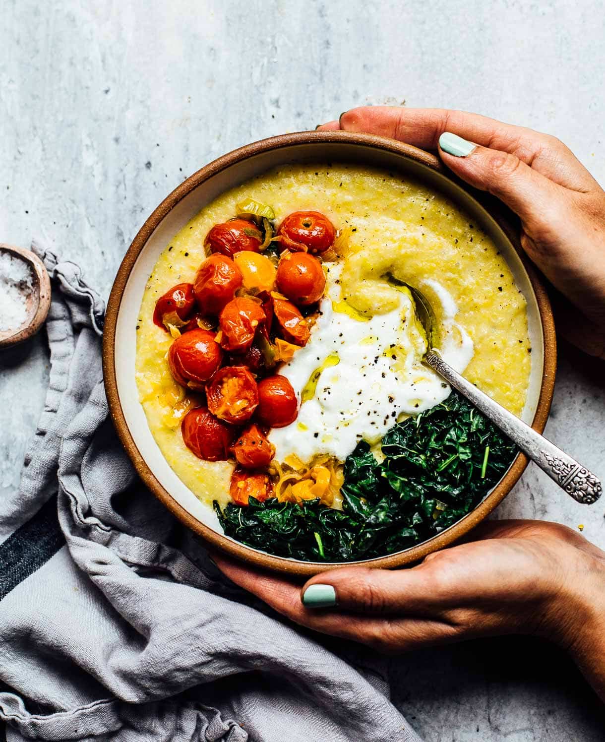 yogurt polenta bowls with tomatoes