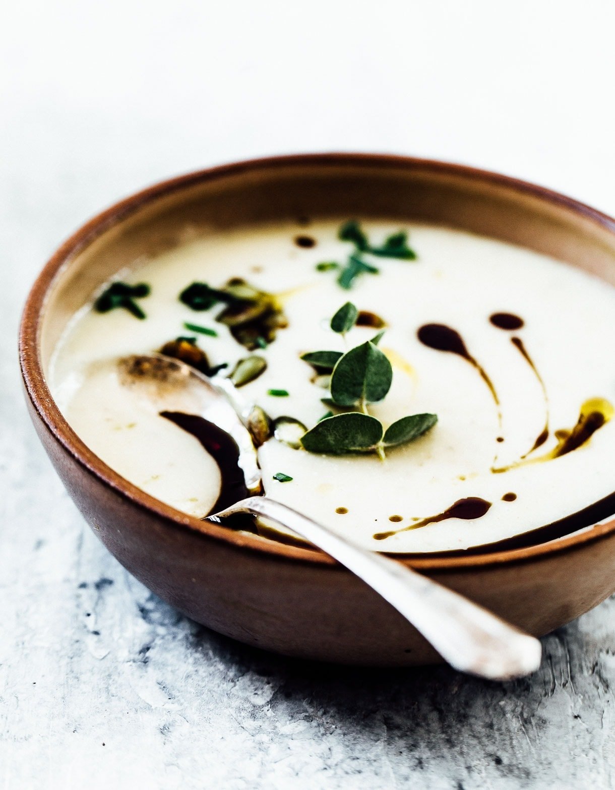 creamy dairy-free potato soup in a bowl