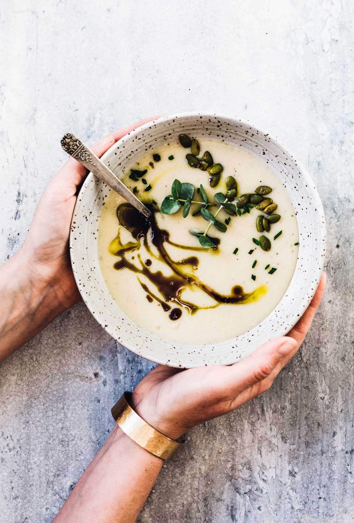 creamy potato parsnip soup, made without dairy! 