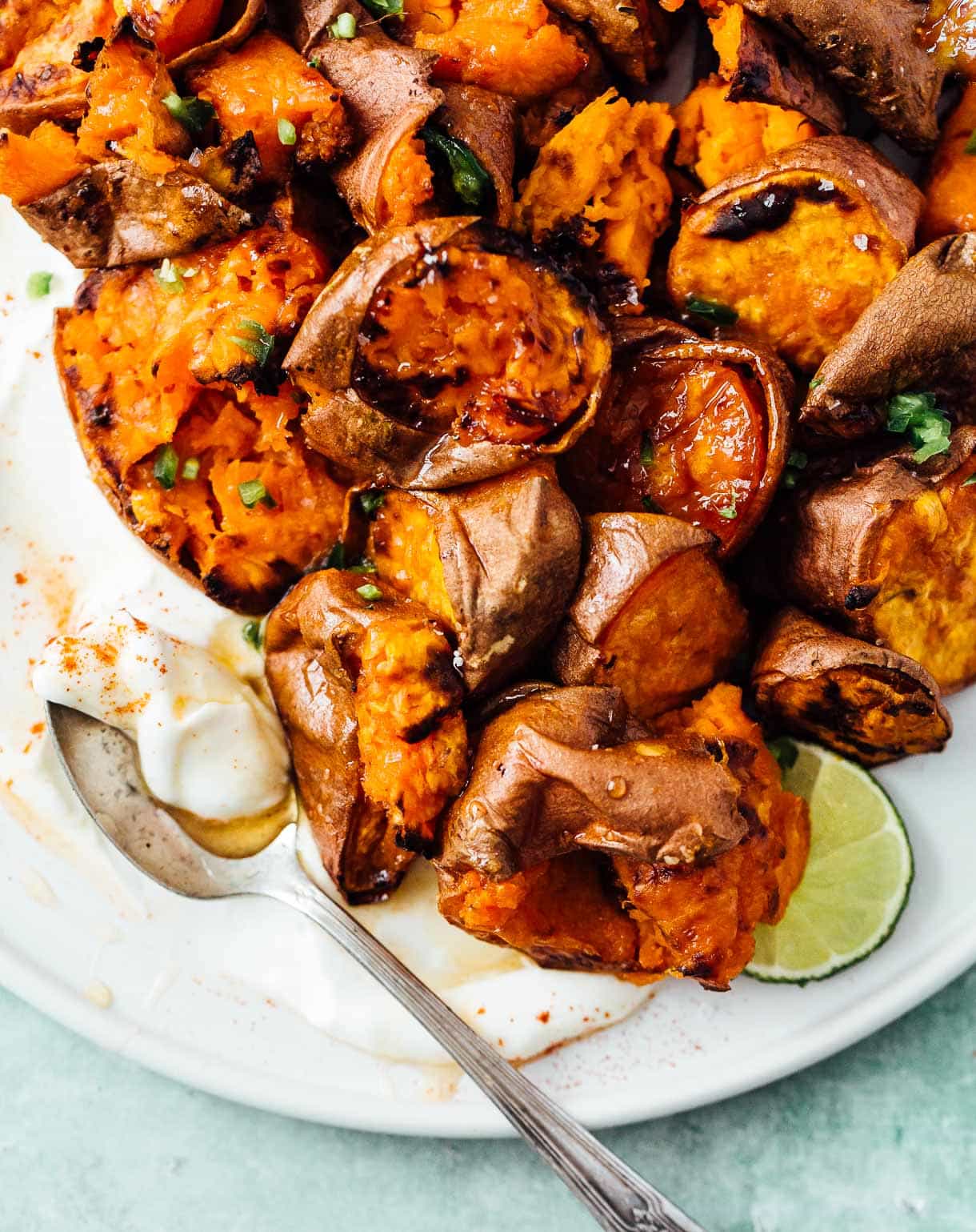 hot honey smashed sweet potatoes, oven roasted