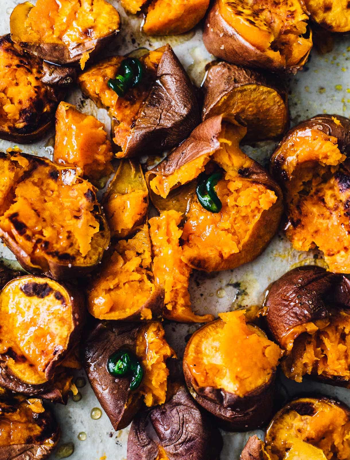 smashed hot honey sweet potatoes