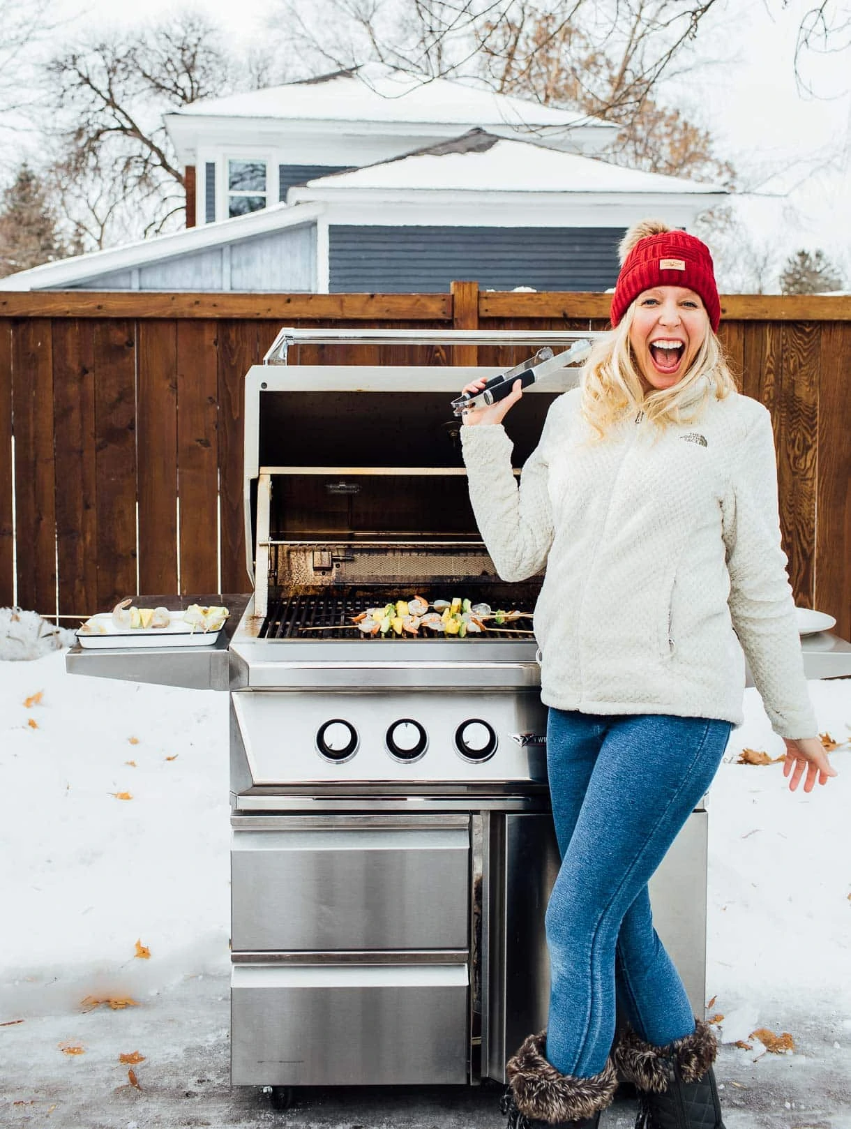 girl grilling outdoors in winter