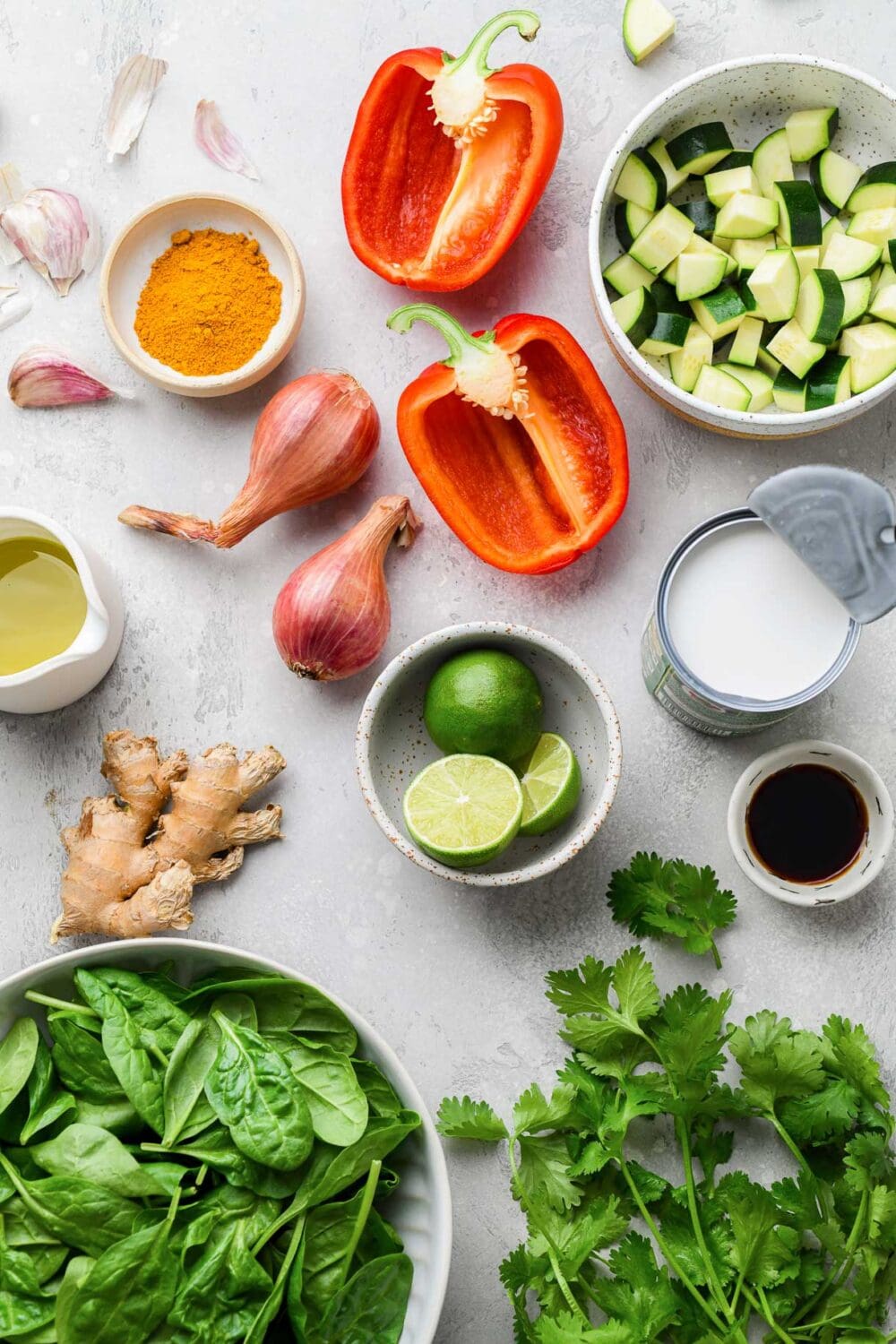 ingredients for making ground turkey curry, laid out on countertop