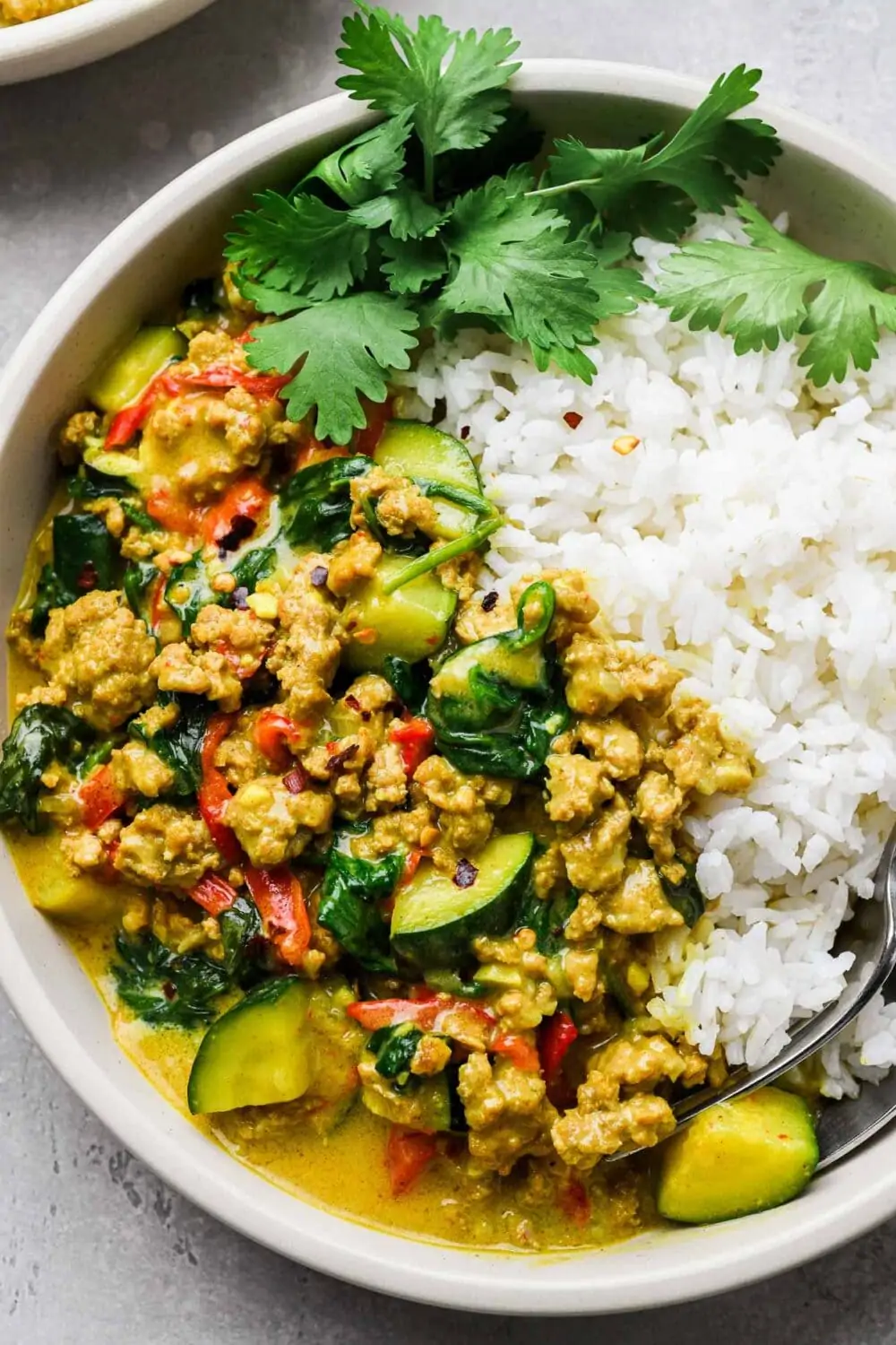 ground turkey curry in a bowl with white rice