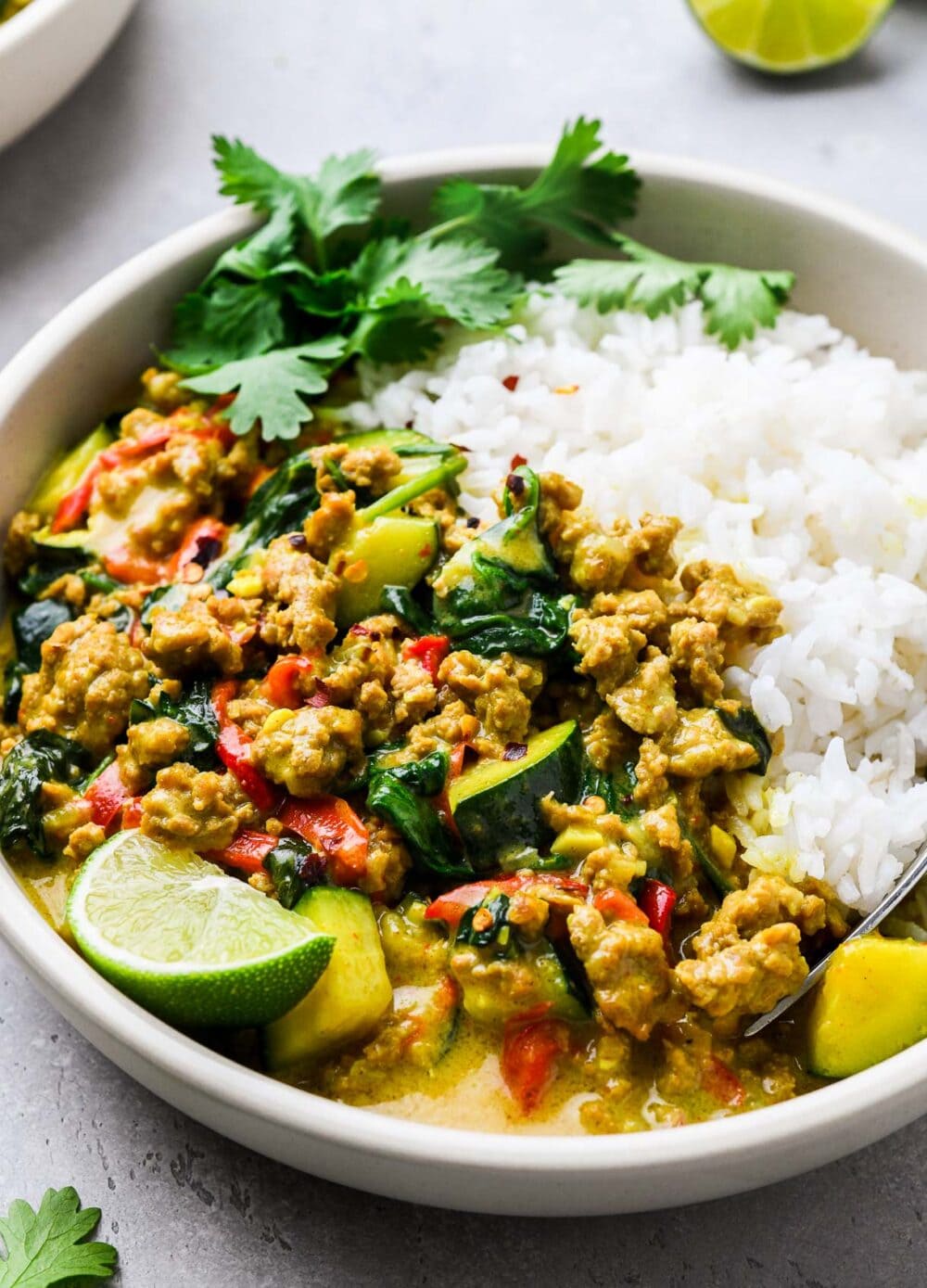 ground turkey curry in a bowl with white rice