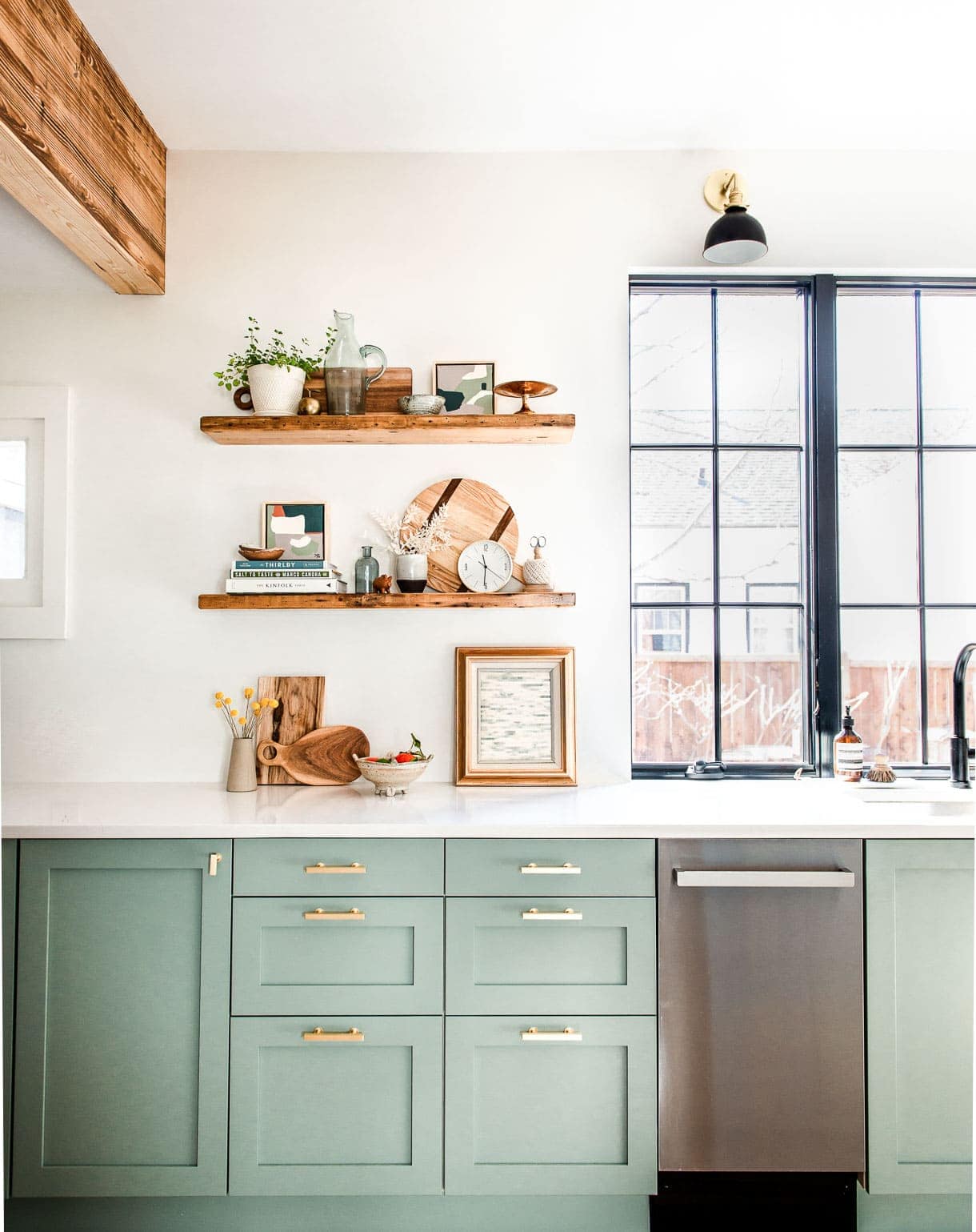 shelf vignette with reclaimed wood shelving