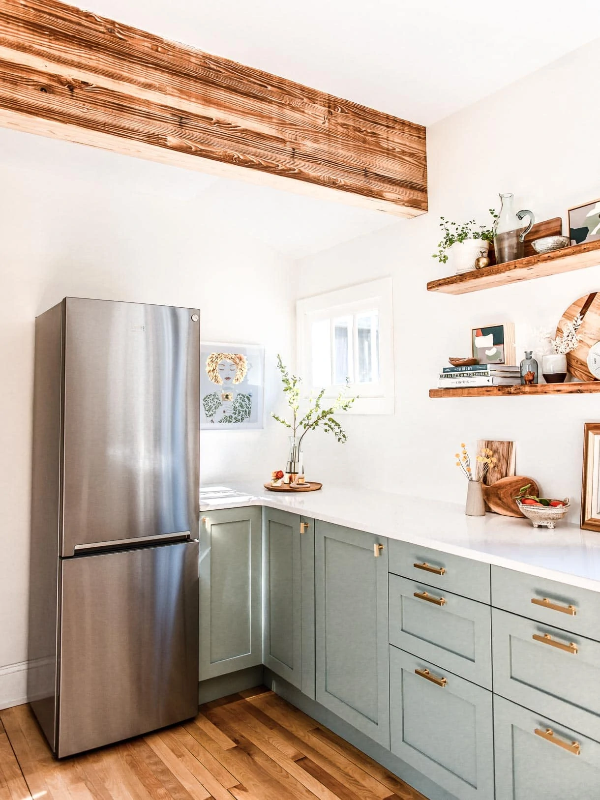 beko refrigerator, semihandmade DIY cabinets, corner kitchen nook