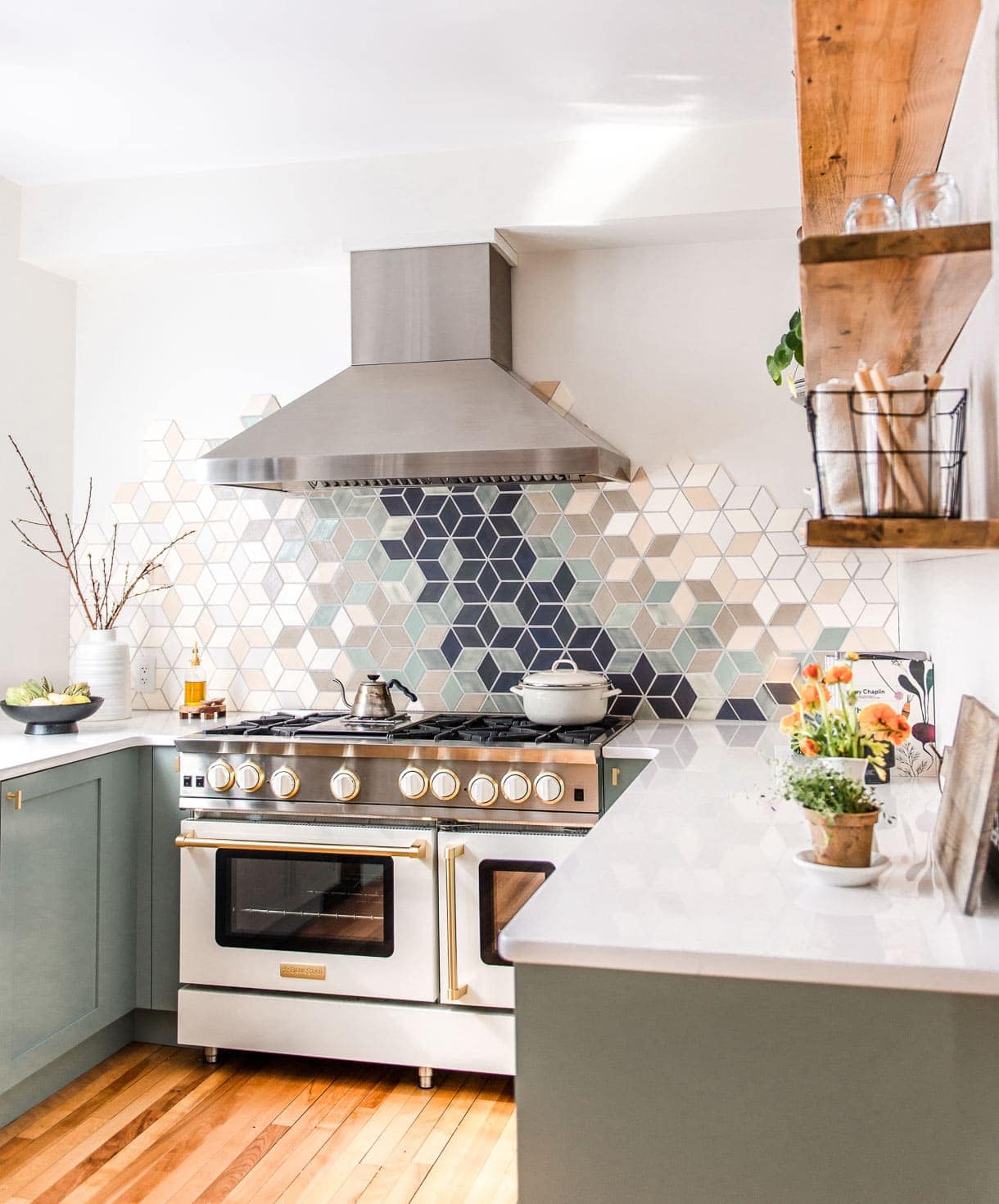 modern u-shaped kitchen with white walls, frameless window, open shelving