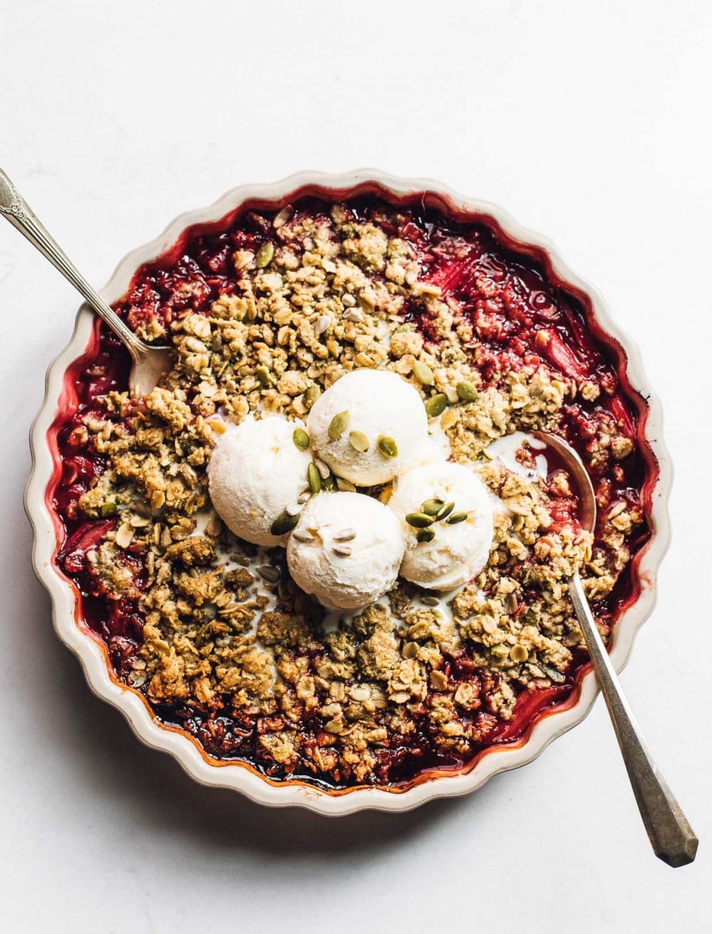 gluten free rhubarb crisp with vanilla ice cream