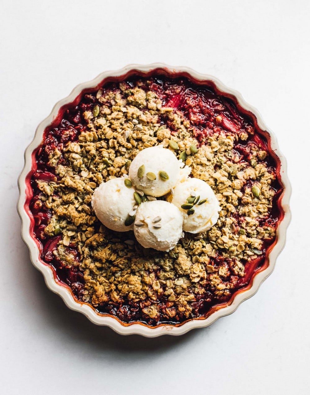 gluten free rhubarb crisp with vanilla ice cream