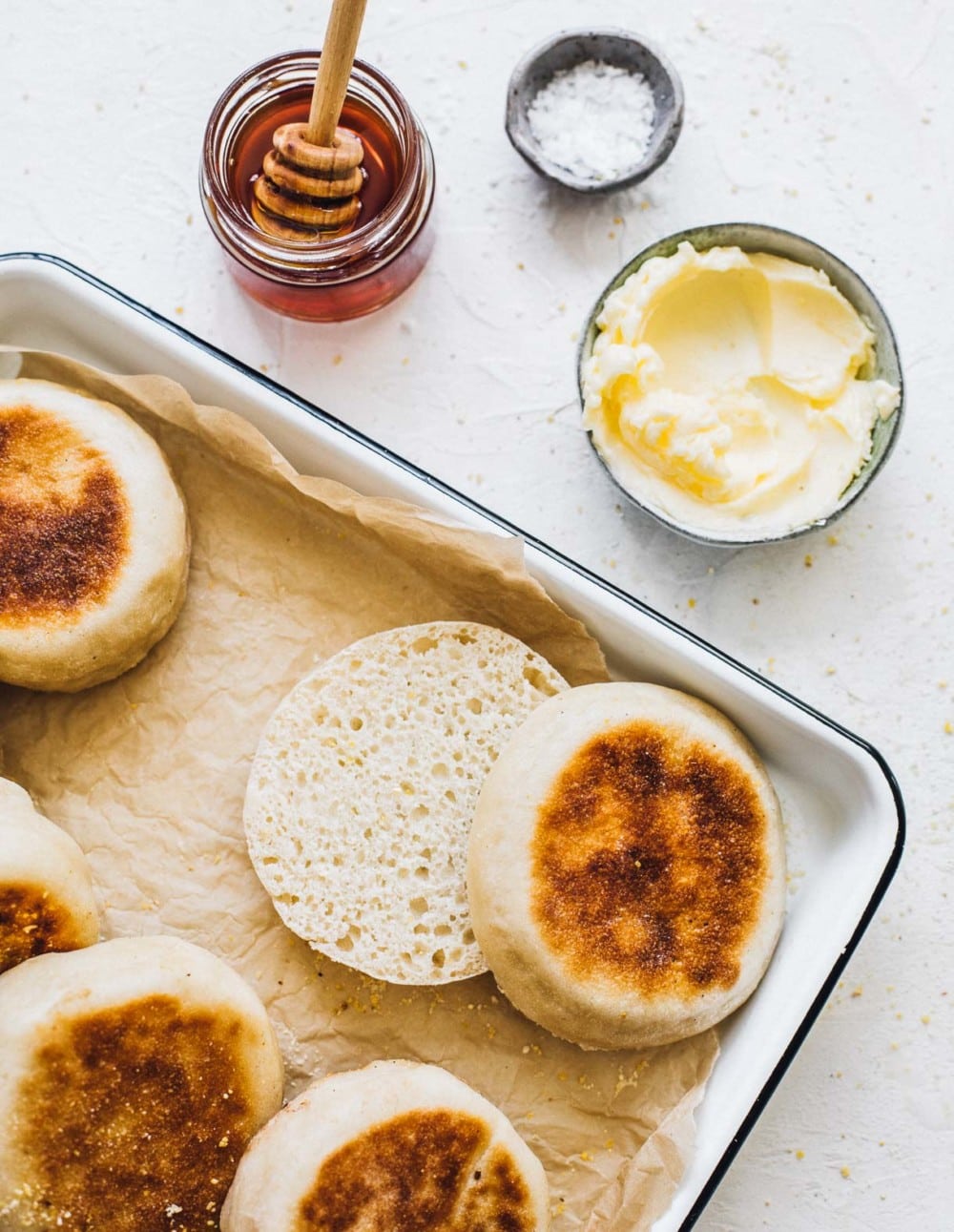sourdough english muffins with honey and butter