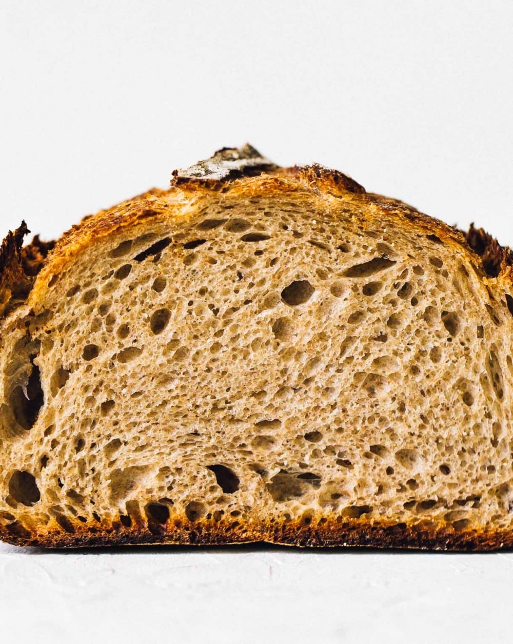 up close photo of rustic rye bread, sliced